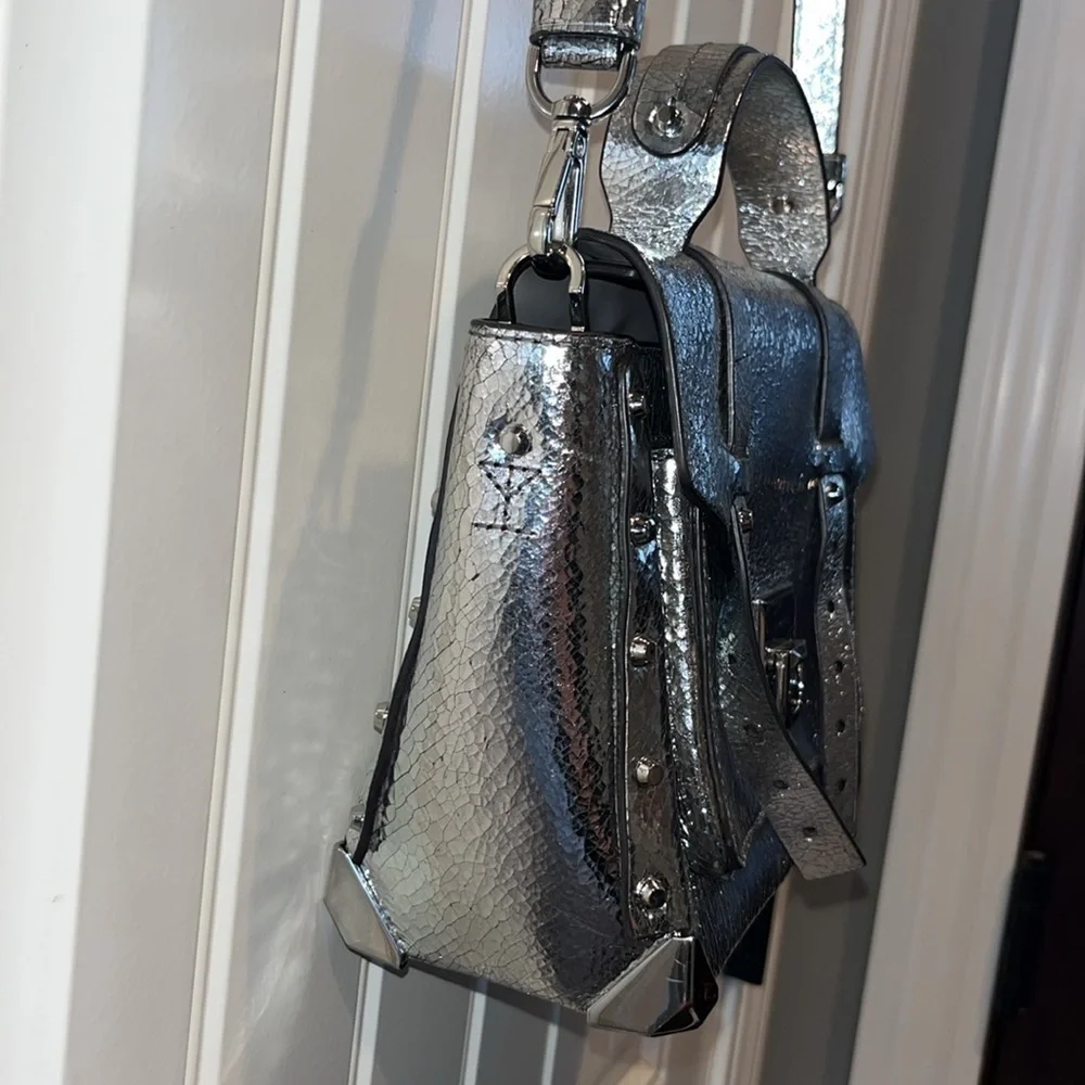 Michael Kors Silver Leather Satchel Handbag cyberpunk Avant Garde artsy unique